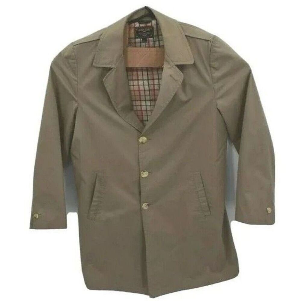 Aviator Men’s 42L Brown Trench Overcoat with Plaid Lining – Made in USA
